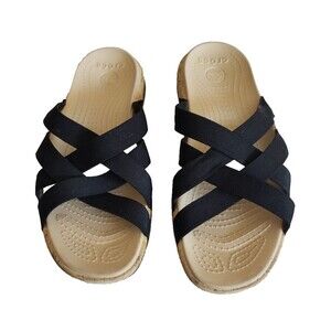 Women's Crocs Eddie Black Tan Comfort Casual Strappy Slides Sandals Size 10